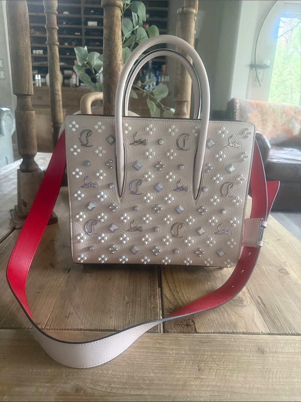 Christian Louboutin Blush Pink Embellished Satchel with Red Strap